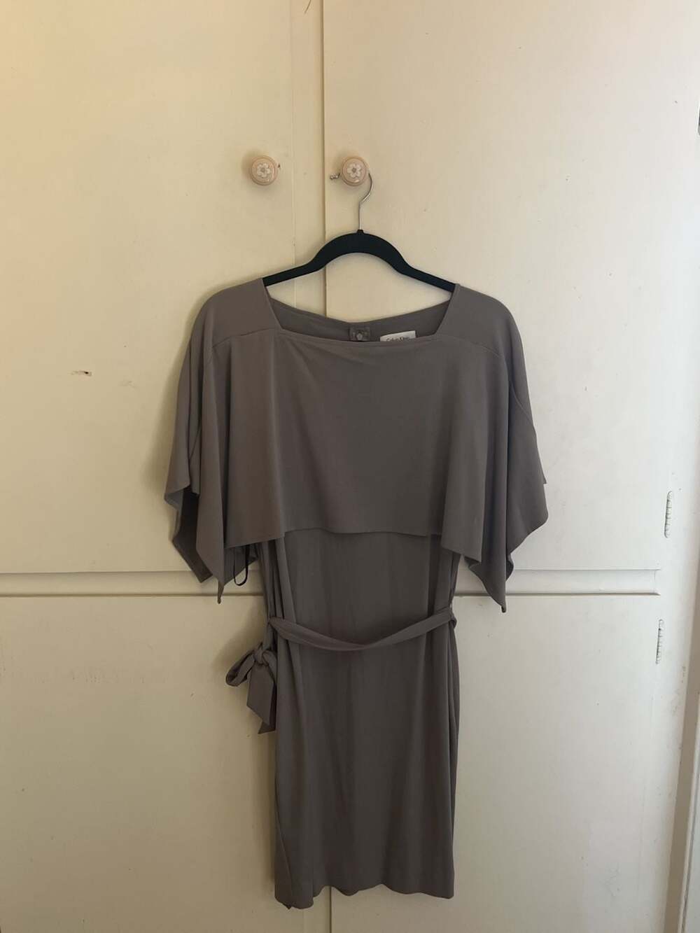 Calvin Klein Taupe Cape Overlay Belted Sheath Dress